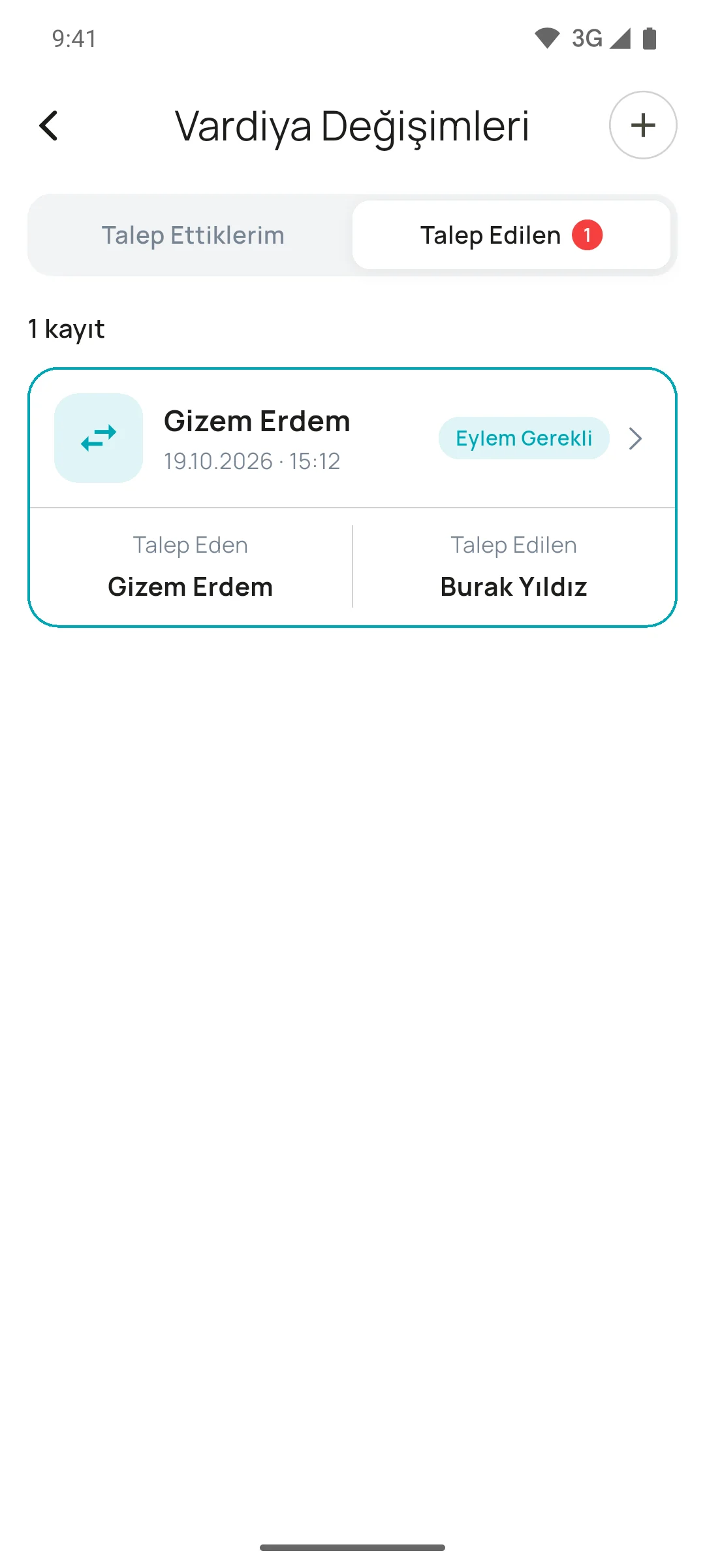 UR Work mobil uygulamasında Vardiya Değişimleri listesi: Talep Ettiklerim ve Talep Edilen sekmeleri, eylem bekleyen bir teklif