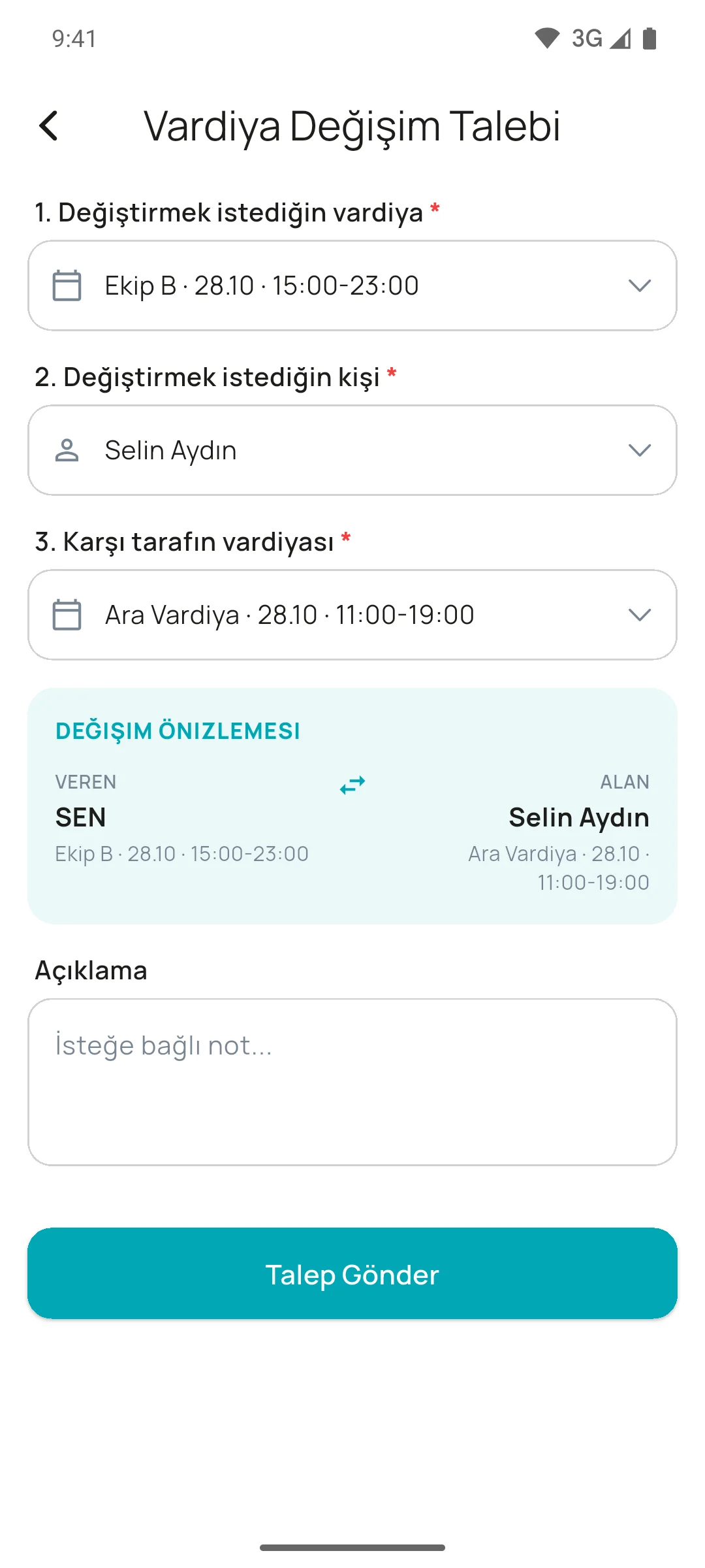 UR Work mobil uygulamasında vardiya değişim talebi: değiştirilecek vardiya, değiştirilecek kişi, karşı tarafın vardiyası ve değişim önizlemesi