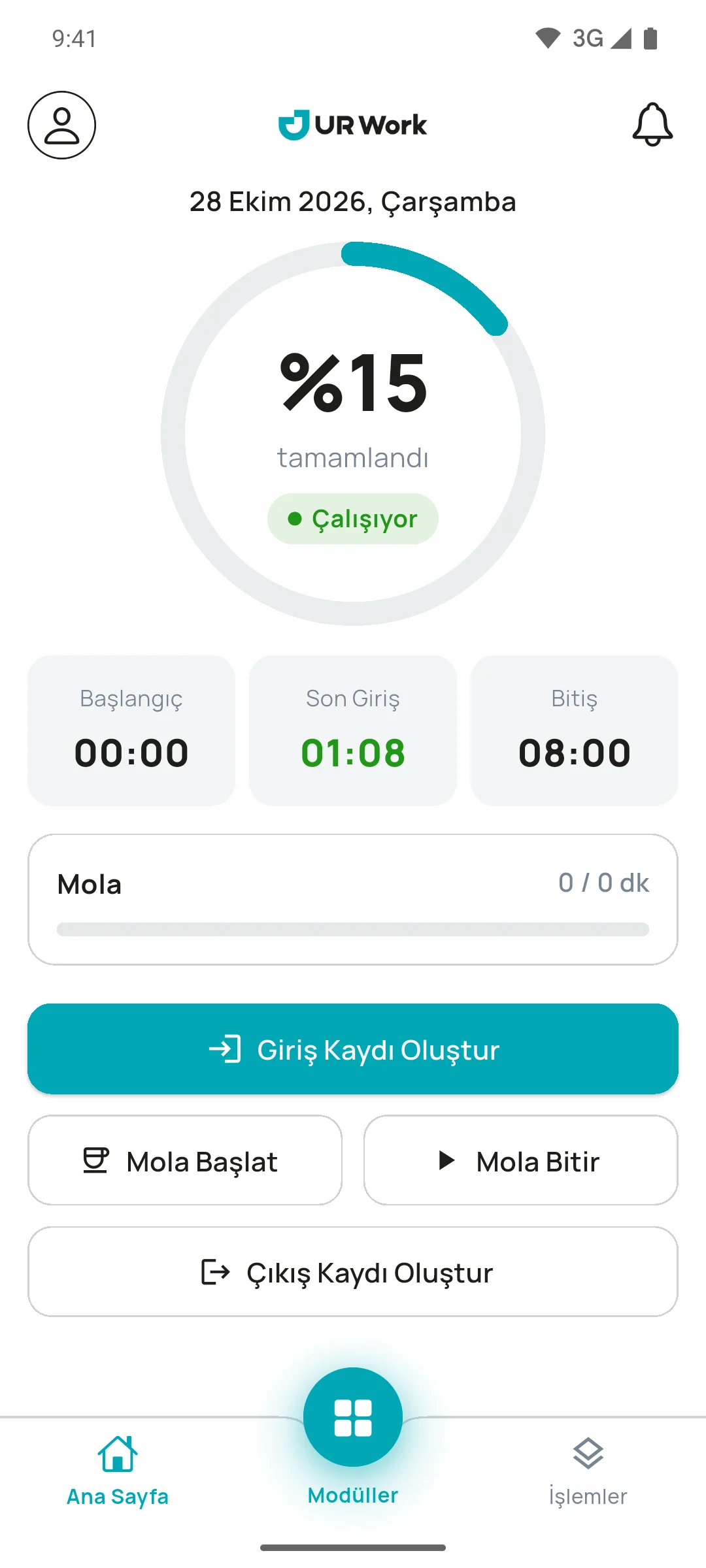 UR Work mobil uygulamasında PDKS ana sayfası: vardiya başlangıç ve bitiş saati, son giriş saati, giriş kaydı ve mola düğmeleri