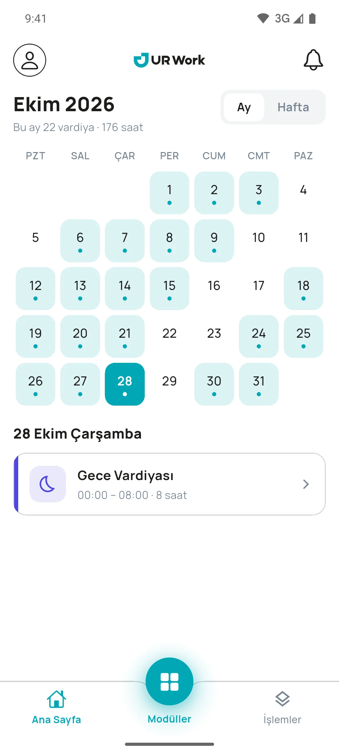 UR Work mobil uygulamasında çalışanın aylık vardiya görünümü: vardiyalı günler işaretli, seçili günün vardiya saati altta