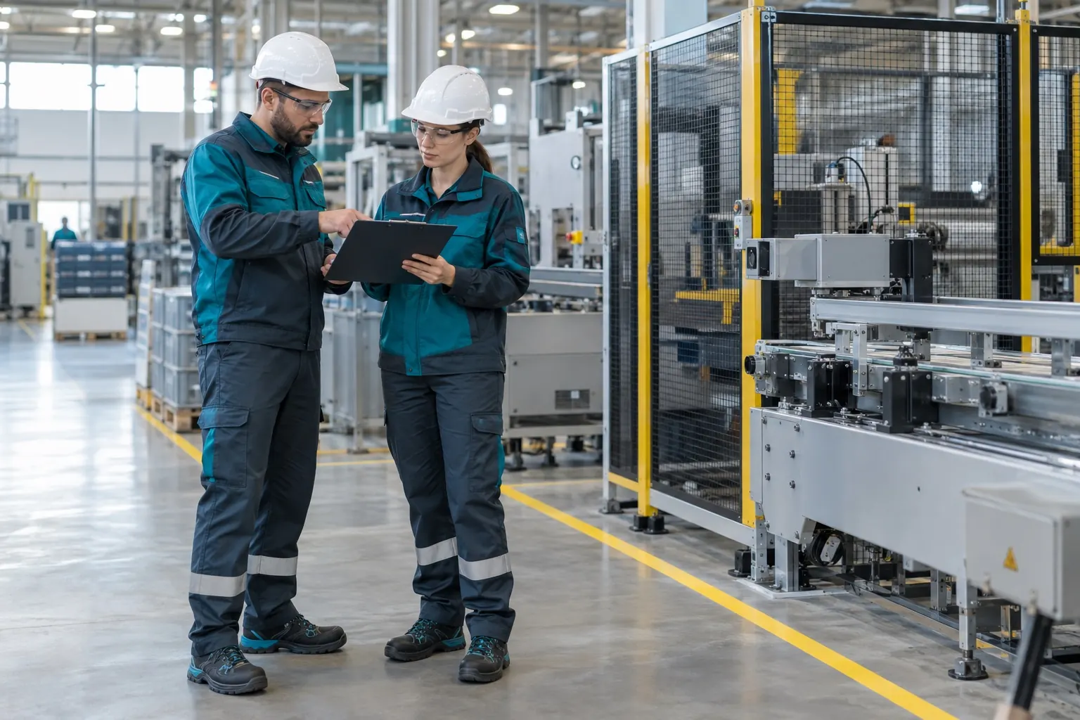 Factory workers in protective gear reviewing the work plan on the production floor