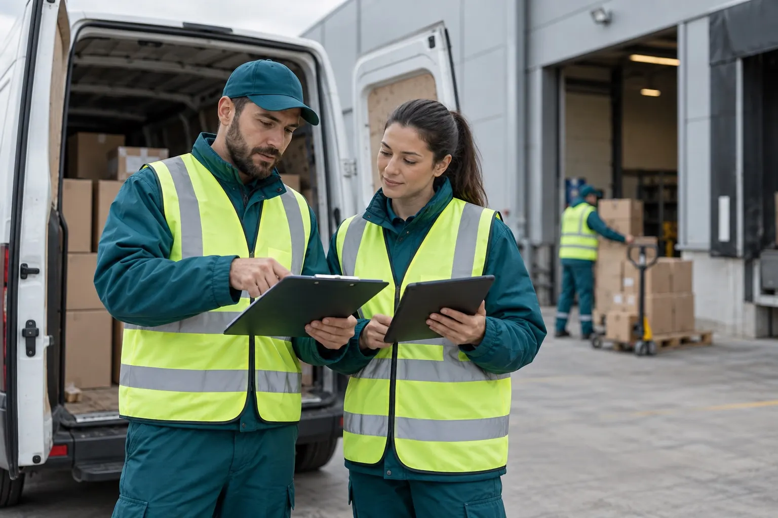 Logistics staff checking the plan next to a parked delivery vehicle