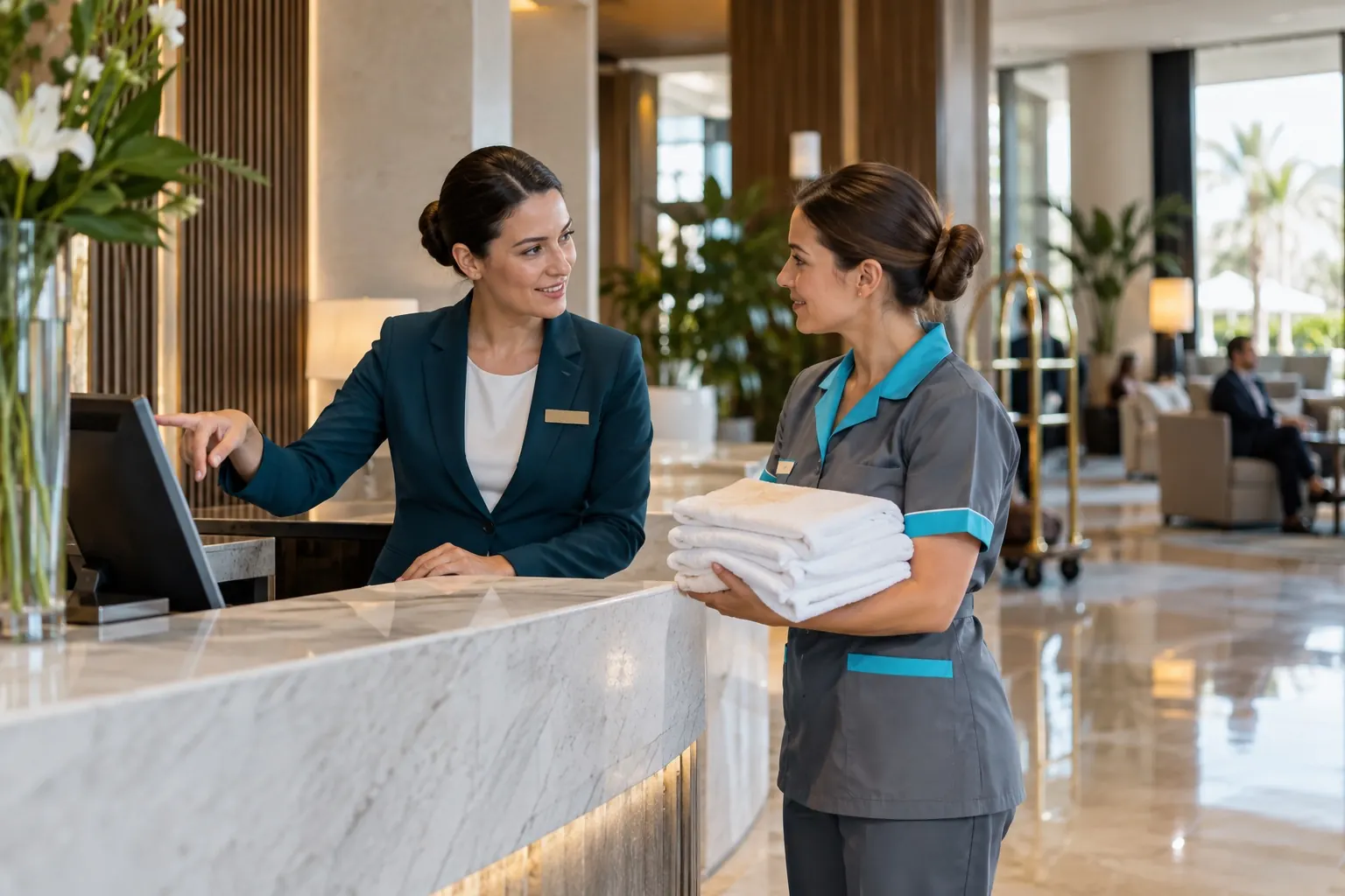 Reception and housekeeping staff discussing their schedule in a hotel lobby