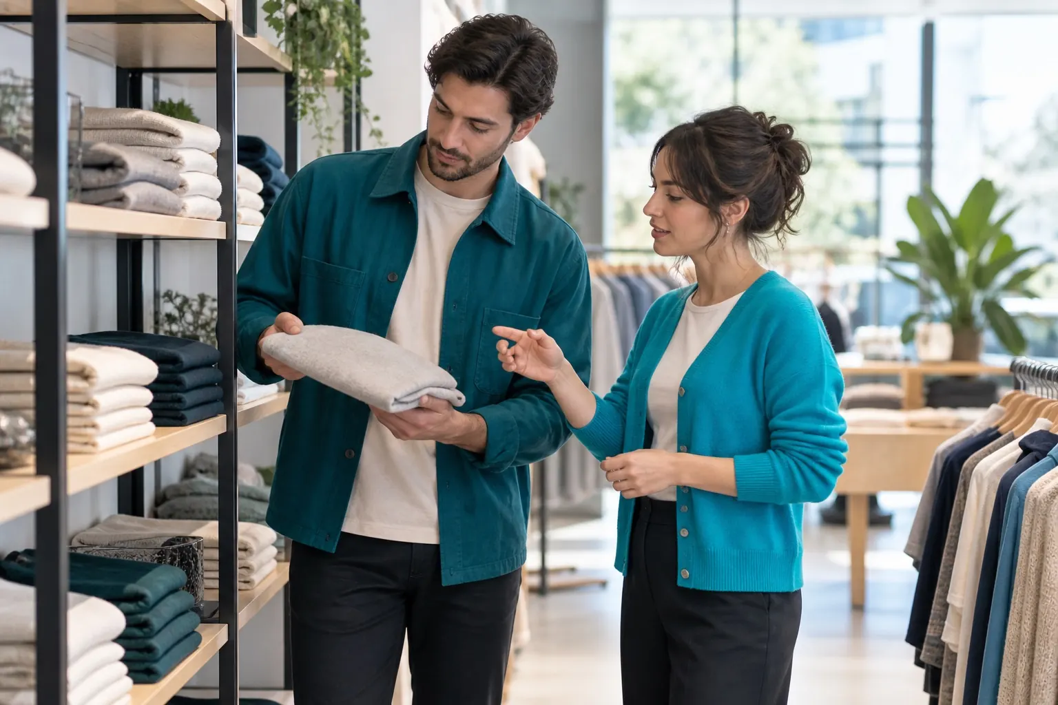 Retail staff arranging products and talking through the stock plan in a store