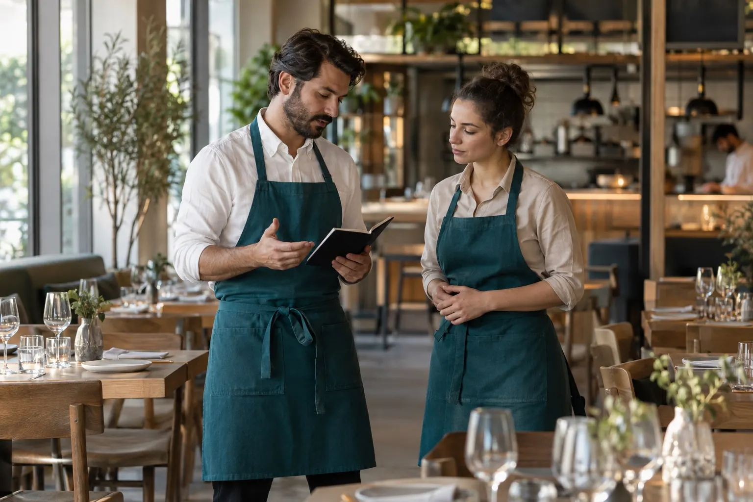 Servis öncesinde iş planını birlikte gözden geçiren restoran çalışanları