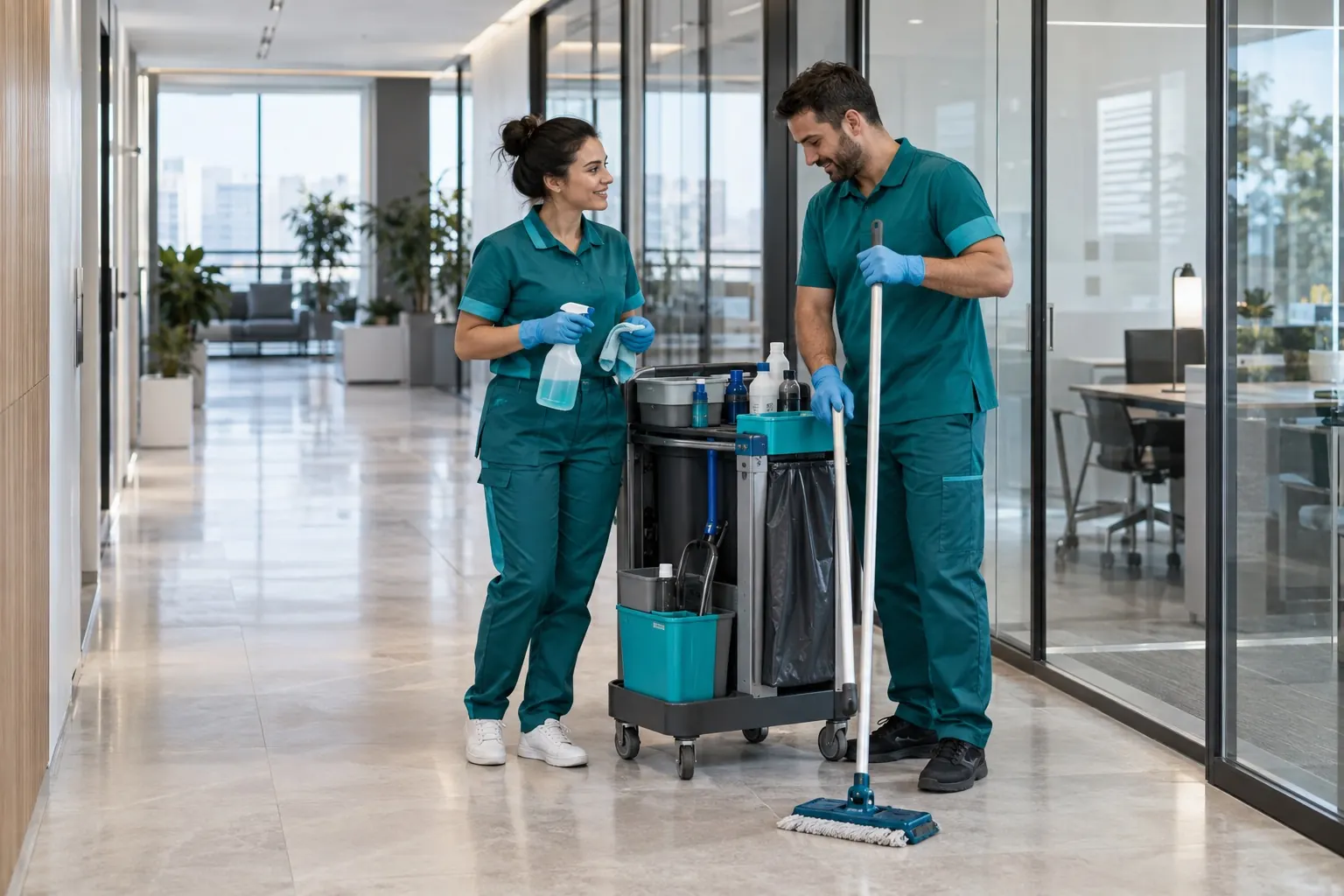 Facility staff with cleaning equipment discussing the workflow in an office corridor