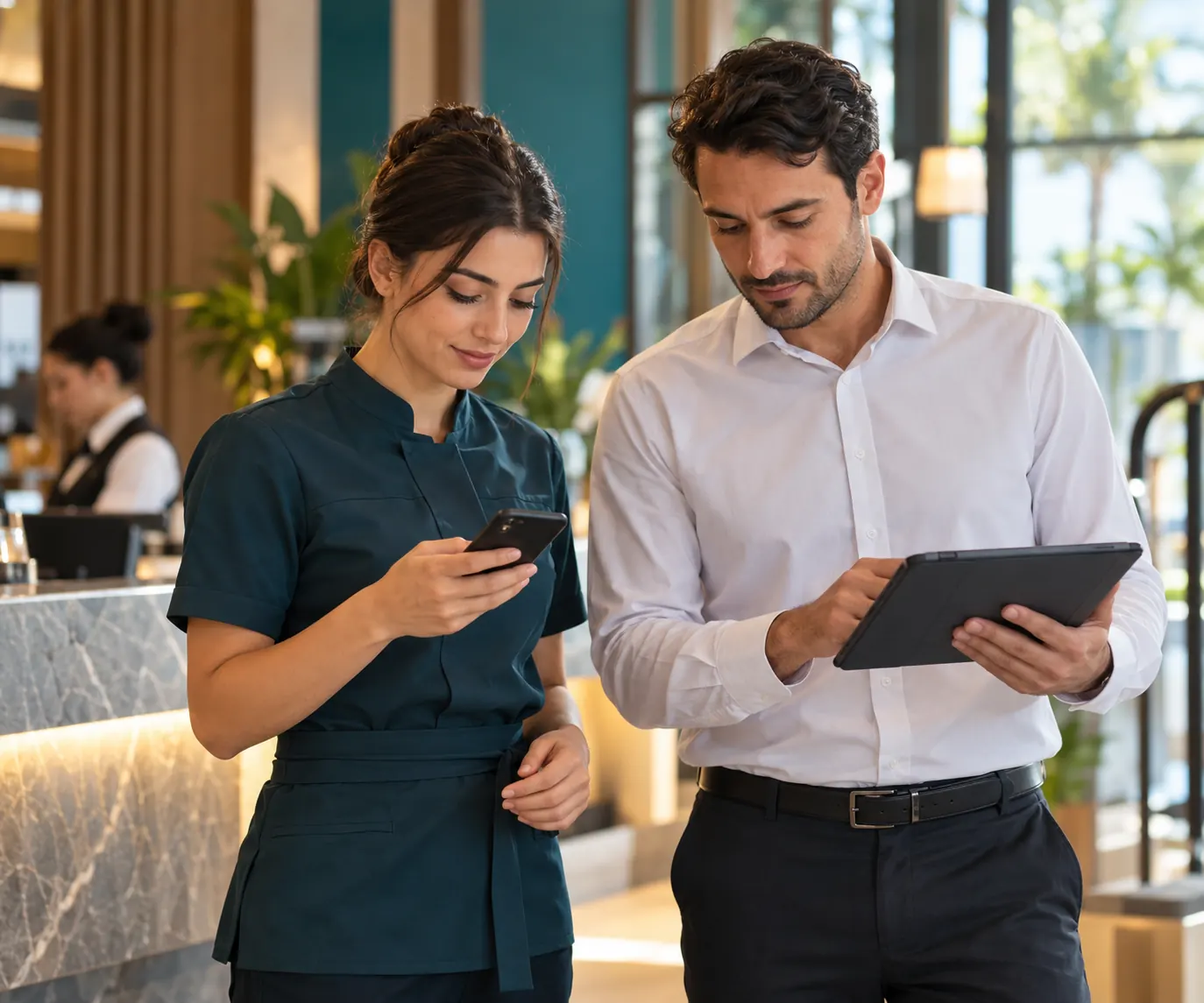 An employee checking their phone at the start of a shift and a team manager reviewing the daily plan